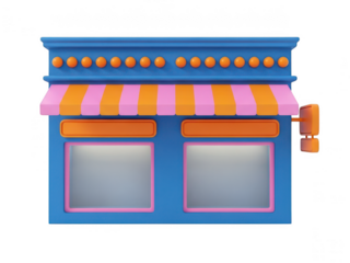 Vibrant storefront with colorful awning and windows isolated on transparent background