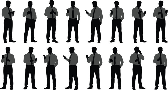 Businessman silhouette set using smartphone in various poses standing and texting representing mobile communication professional work and digital technology connectivity - Powered by Adobe