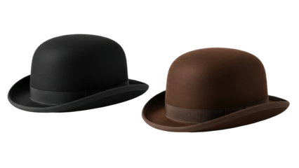 Different styles of bowler hats displayed side by side in various colors on a plain background with natural lighting