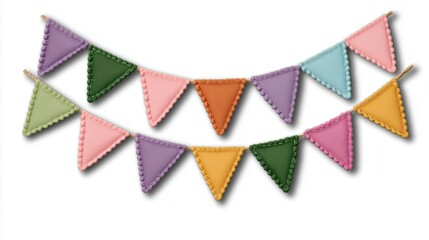 Realistic colorful triangular fabric bunting flags, party decoration hanging on string, vibrant colors, isolated on white background, soft shadows, natural fabric folds, studio lighting