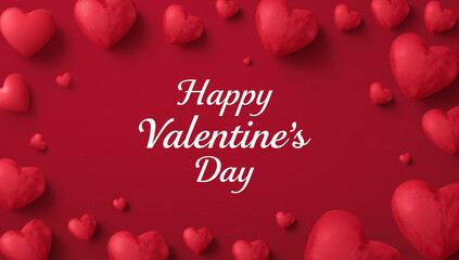 A festive digital illustration featuring the words happy valentine s day in white script surrounded by numerous floating red hearts on a deep red background