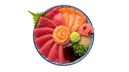 Fresh sashimi bowl with various types of fish, wasabi, and garnishes served in a blue patterned dish