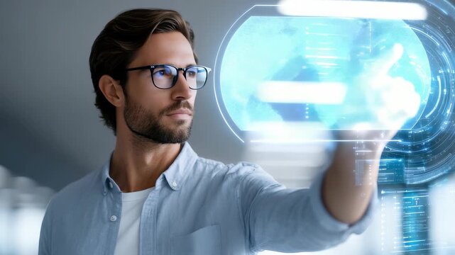 A professional male uses advanced touchscreen technology, engaging with virtual data in a sleek workspace. The image captures innovation, digital transformation, and future focused business trends