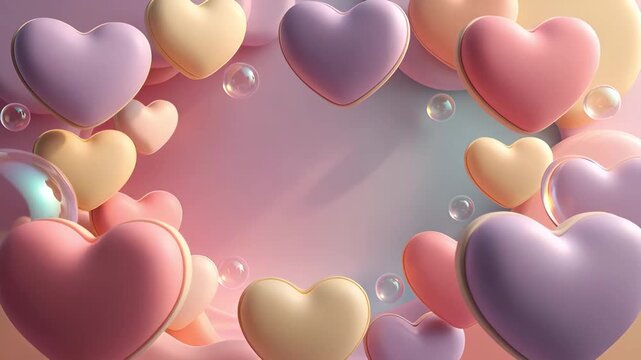 Pastel heart frame with bubbles on a gradient background for Valentines day or anniversary celebration