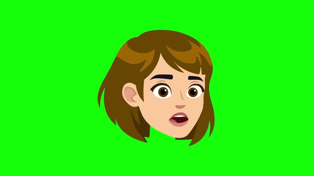 Cute animated girl with brown hair opens her mouth in surprise and talks in a seamless loop on green screen background. Great for educational videos, app avatars, and chroma key dubbing.