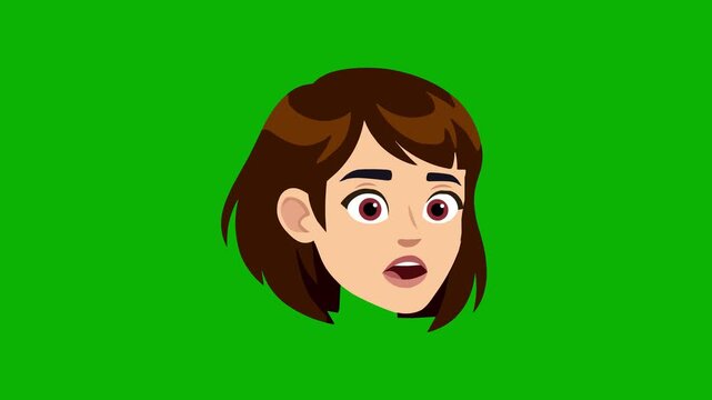 Animated brunette cartoon girl with short hair opens her mouth in surprise and talks, seamless loop on solid green screen background.