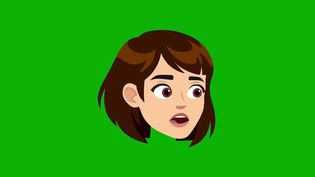 Animated brunette cartoon girl with short hair opens her mouth in surprise and talks, seamless loop on solid green screen background.