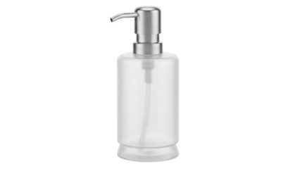 Clear plastic soap dispenser with a metal pump top for bathroom or kitchen use