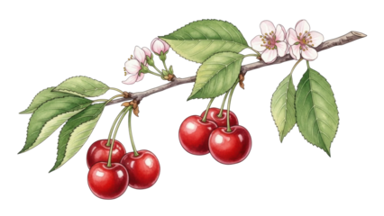 Branch with red cherries and white blossoms in spring time on a clear background