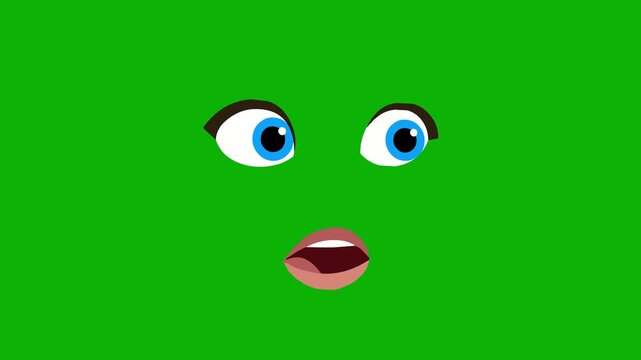 Animated cartoon female eyes and open mouth in surprised expression, seamless loop on green screen background. Great for shock reactions, explainer videos, and modular talking head parts.