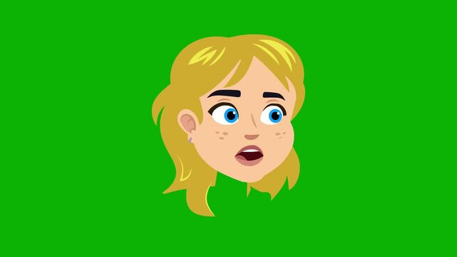 Animated blonde cartoon girl with long hair opens her mouth in surprise and speaks, seamless loop against solid green screen background. Ideal for tutorials, social media avatars, and chroma key compo