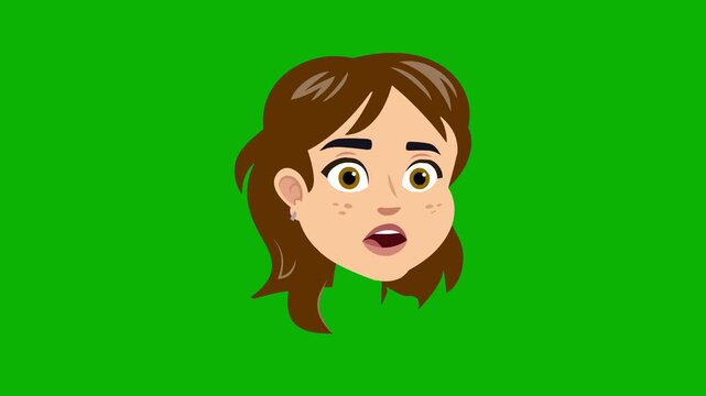 Cute animated girl with brown hair opens her mouth in surprise and talks in a seamless loop on green screen background. Great for educational videos, app avatars, and chroma key dubbing.