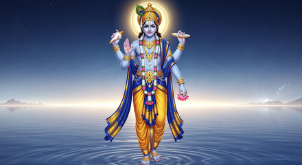 Lord Vishnu Standing on Cosmic Ocean with Conch, Chakra and Divine Halo Illustration