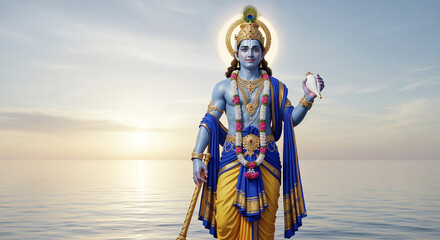 Lord Vishnu Standing on Ocean with Conch Shell and Divine Aura Hindu God Illustration