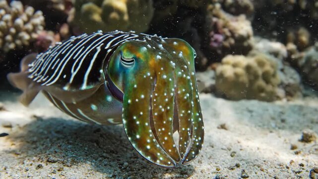 Cuttlefish Swimming Near Coral Reef Underwater.