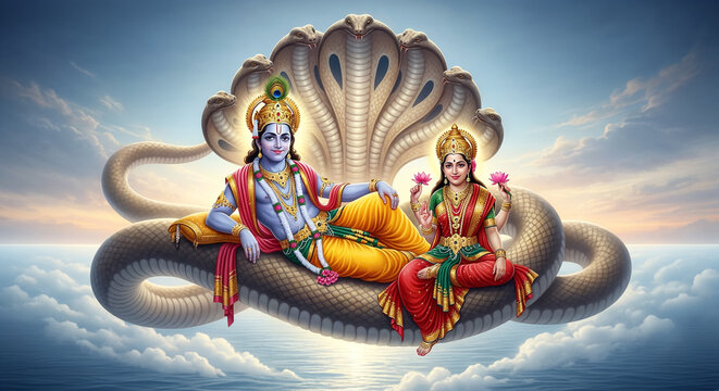 Lord Vishnu and Goddess Lakshmi Resting on Sheshnag in Cosmic Ocean Hindu Mythology Illustration
