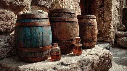 Three wooden barrels with metal bands are placed near glass bottles filled with liquid on a stone surface in a building with rough walls. Natural light falls on the objects