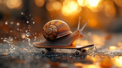 A snail moves on a skateboard across wet ground in a park at sunset. Water droplets splash around as sunlight creates a soft glow, highlighting the scene with trees in the background