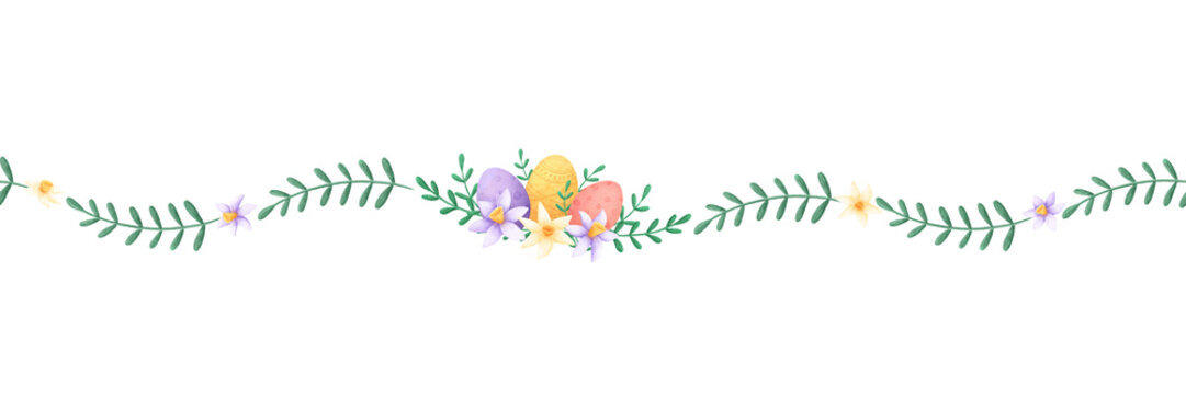 A horizontal border for the holiday Happy Easter. A watercolor illustration of spring flowers and colorful Easter eggs is hand drawn in a simple childlike style.