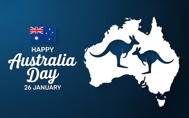 Australia Day with kangaroo silhouette and flag on map background
