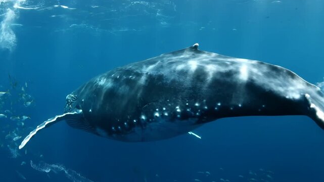 Humpback Whale Swimming Underwater Ocean Scene.