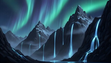 Majestic mountains illuminated by aurora borealis with waterfalls cascading into a serene lake at dusk from a distant viewpoint