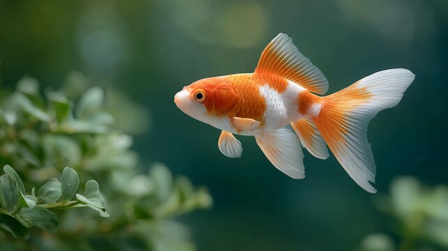 A gold and white Comet goldfish swimming in a green leafy plant