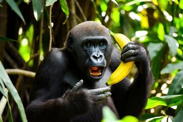 Obraz premium Close-up of a young gorilla holding a ripe yellow banana in a lush green jungle environment