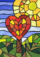 A bright autumn abstract heart-shaped tree. Stained glass window sketch. Children's drawing
