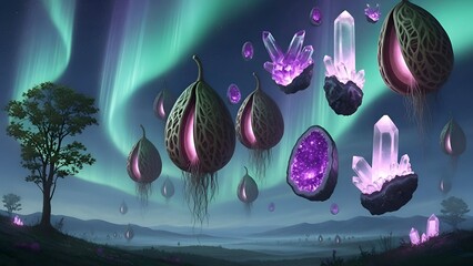 Mystical Crystals and Fruits Suspended in Air under Vibrant Aurora Borealis Night Sky