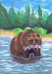 A brown bear stands in the river with fish in its mouth. Children's drawing