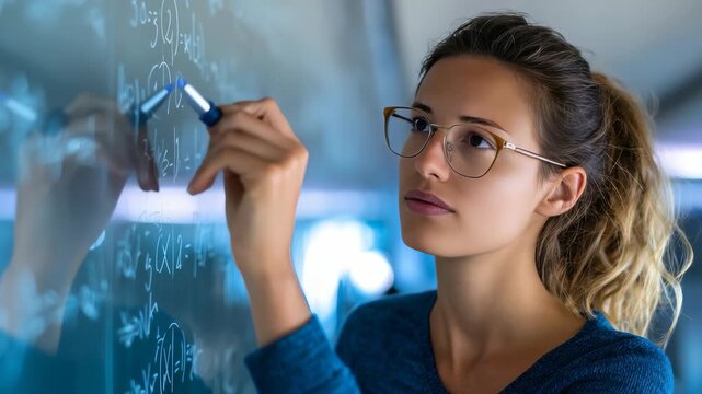 A female student with glasses solves complex math problems on a clear board, symbolizing education and academic excellence. The classroom setting highlights learning and intellectual growth