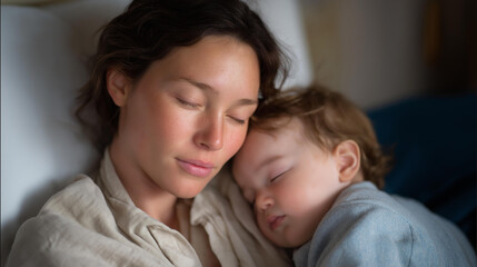 Postpartum fatigue scene showing a mother resting while the baby sleeps, rare quiet moment emphasizing recovery, patience, and mental strain. cinematic color correction, natural uneven lighting yet