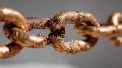 Fototapeta premium Symbolic broken metal chain link with separated ends, strong industrial mood expressing force, damage, resistance limits, and mechanical collapse. cinematic color correction, natural uneven