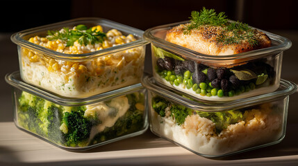 A clean kitchen setup shows lunch food divided by portion, arranged in stackable containers to help with weight control and meal planning. cinematic color correction, natural uneven lighting yet