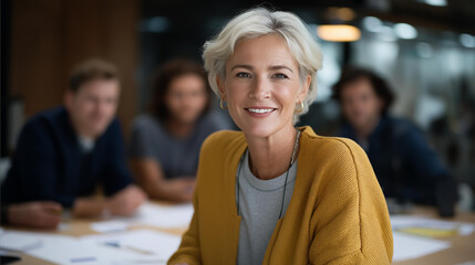 Multicultural group seated at a roundtable with reports and phones, a mentor guiding discussion, attentive as teams align goals and set KPIs during a focused business meeting in a shared workspace.