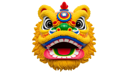 Yellow lion dance head on isolated transparent background