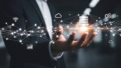 Business professional's hand cradles a brilliant digital network featuring data server and interconnected technology icons seamlessly