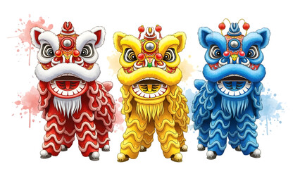 Three colorful lion dance costumes with intricate designs on isolated transparent background for cultural celebration