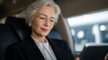 A senior professional reviewing reports on a tablet during an early morning commute, highlighting time management, mobile productivity, and high-performance business lifestyle. cinematic color