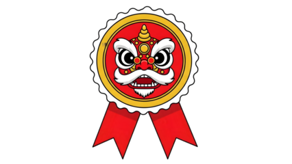 Red lion dance face emblem with gold and white accents on transparent background for celebrations and festivities