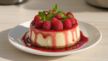 Cheesecake with fresh raspberries and raspberry sauce, garnished with mint leaves on white plate. Delicious dessert concept.