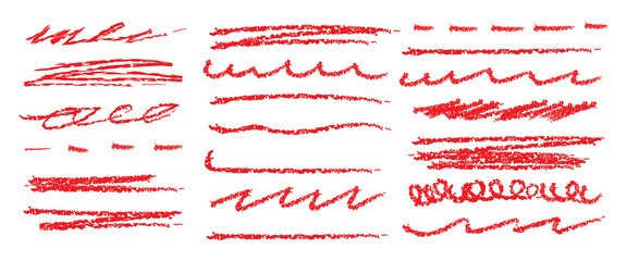 Crayon brush stroke red underline. Chalk pen highlight stroke. Vector hand drawn brush underline element set for accent, crayon texture emphasis element. Red chalk vector illustration