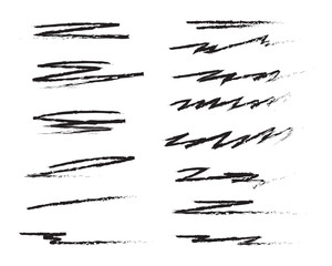 black grunge brush stoke set. Hand drawn crayon underline, zigzag, dash line collection. Wet or dry pastel pencil doodle scribble bundle. Vector rough chalk charcoal sketch scrawls, waves and zig zag