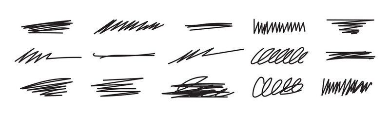 black grunge brush stoke set. Hand drawn crayon underline, zigzag, dash line collection. Wet or dry pastel pencil doodle scribble bundle. Vector rough chalk charcoal sketch scrawls, waves and zig zag
