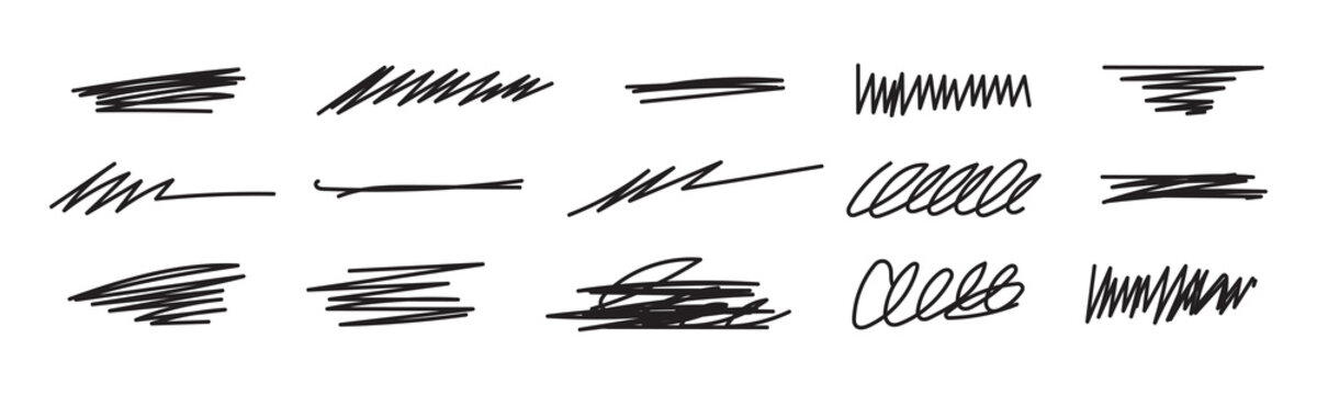 black grunge brush stoke set. Hand drawn crayon underline, zigzag, dash line collection. Wet or dry pastel pencil doodle scribble bundle. Vector rough chalk charcoal sketch scrawls, waves and zig zag