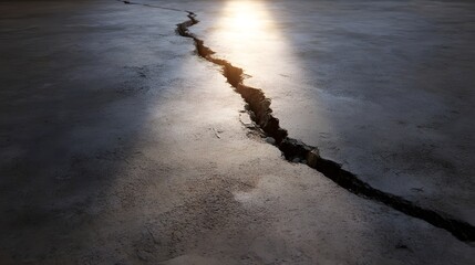 A deep jagged crack splits a textured concrete surface dramatically lit by harsh sunlight creating contrast and shadow