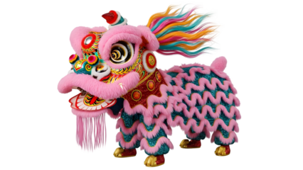 Pink lion dance costume with colorful hair isolated on transparent background