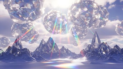 A surreal landscape of crystal formations and rainbow reflections on icy mountains under a radiant sky with floating orbs