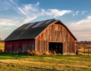 Rustic Red Barn in Autumn Landscape Under Blue Sky and Clouds